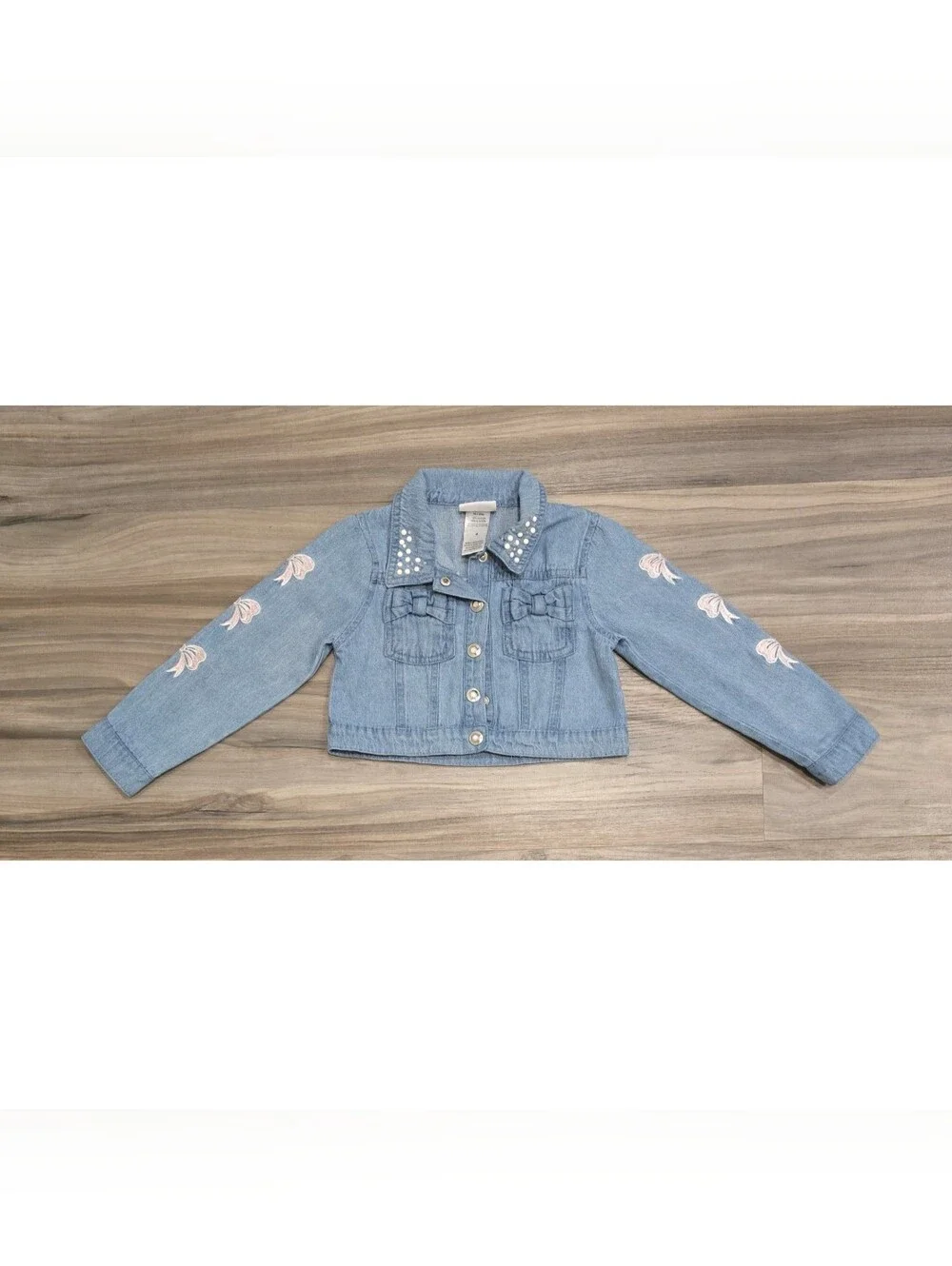 Little Lass Girls Denim Jacket Size 4 Rhinestone Pearl Embroidered Bow Jean Jack